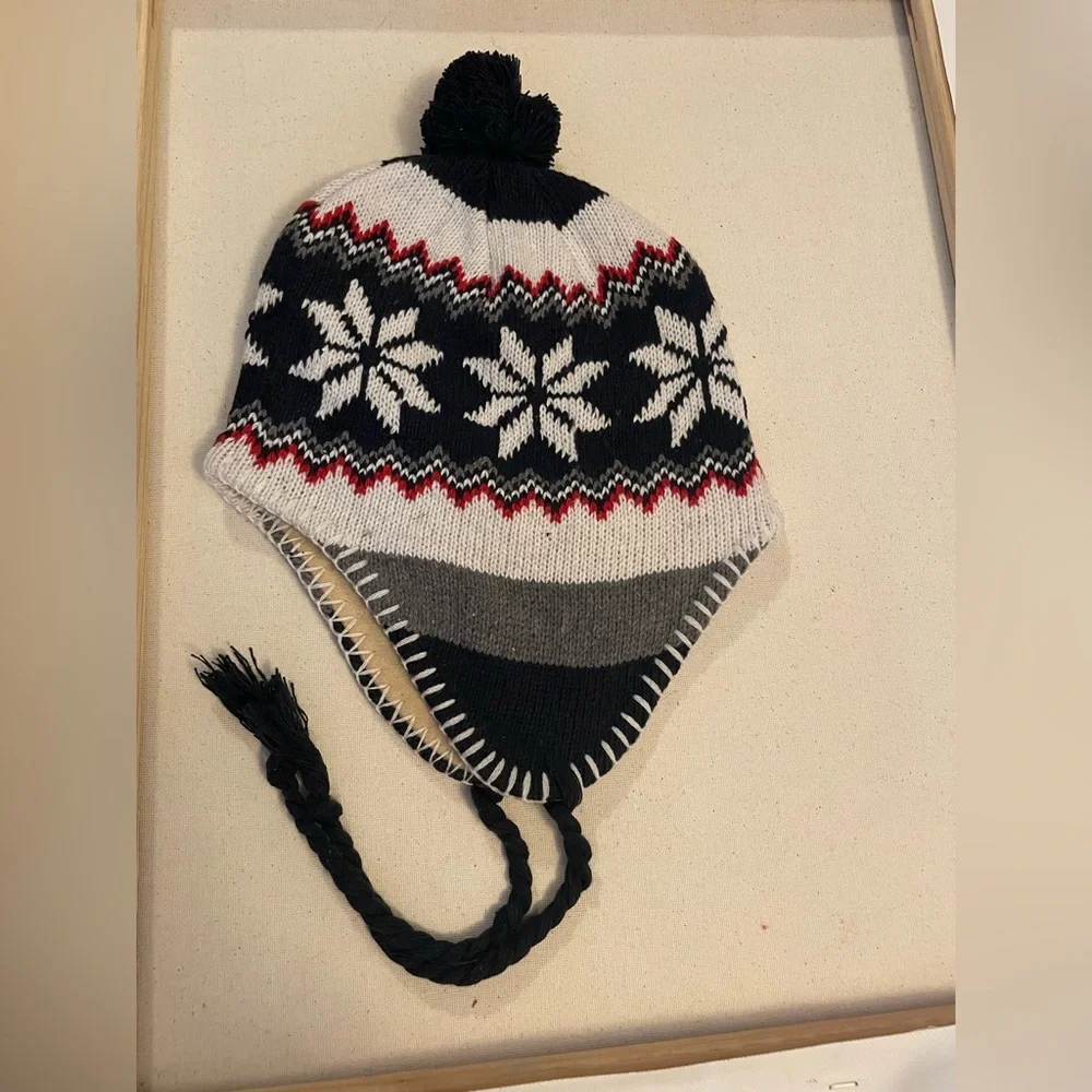 Kids Winter Knit Hat with Snowflake Fleece Lined Winter Trapper Hat Blue